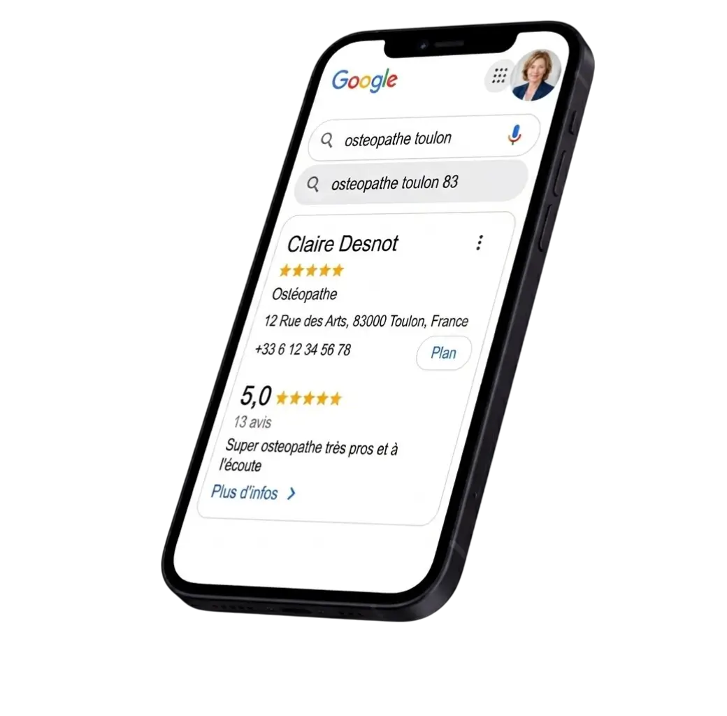 Fiche Google Business d'une ostéopathe à Toulon affichant une note de 5 étoiles et des avis clients positifs