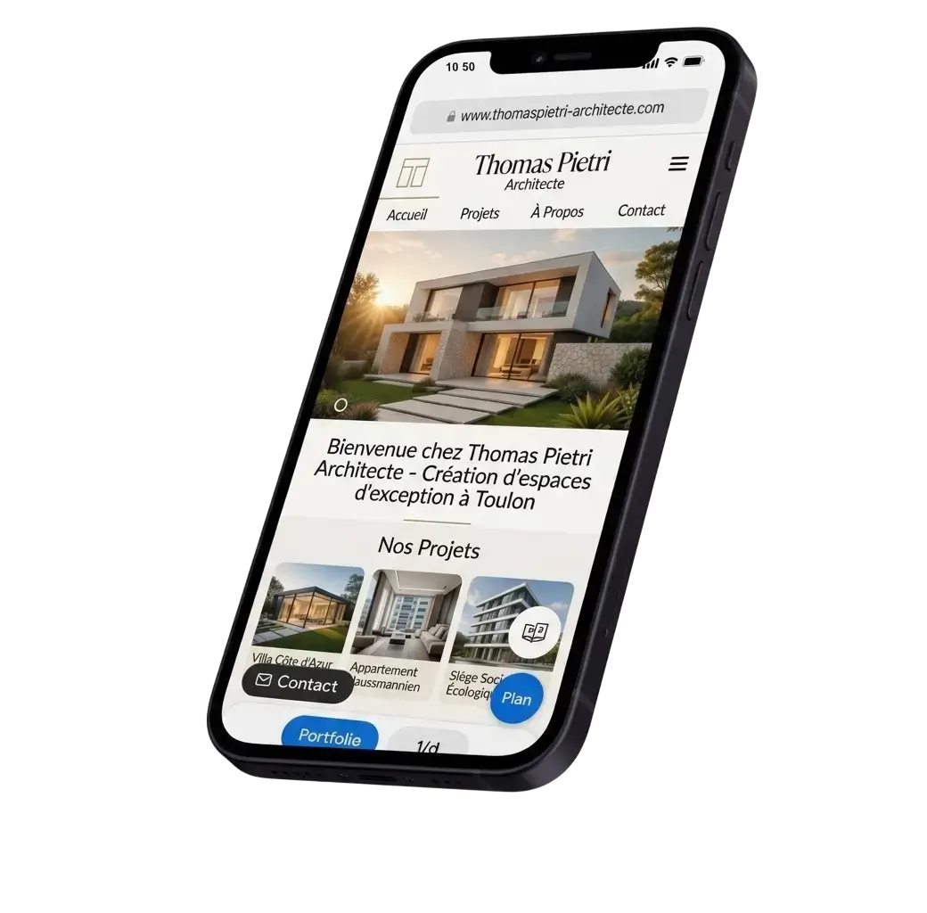 Site web mobile de Thomas Pietri, architecte à Toulon, présentant ses projets de création d'espaces
